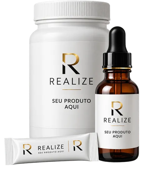 Embalagens de suplemento em pote, gotas e sachê com identidade visual Realize